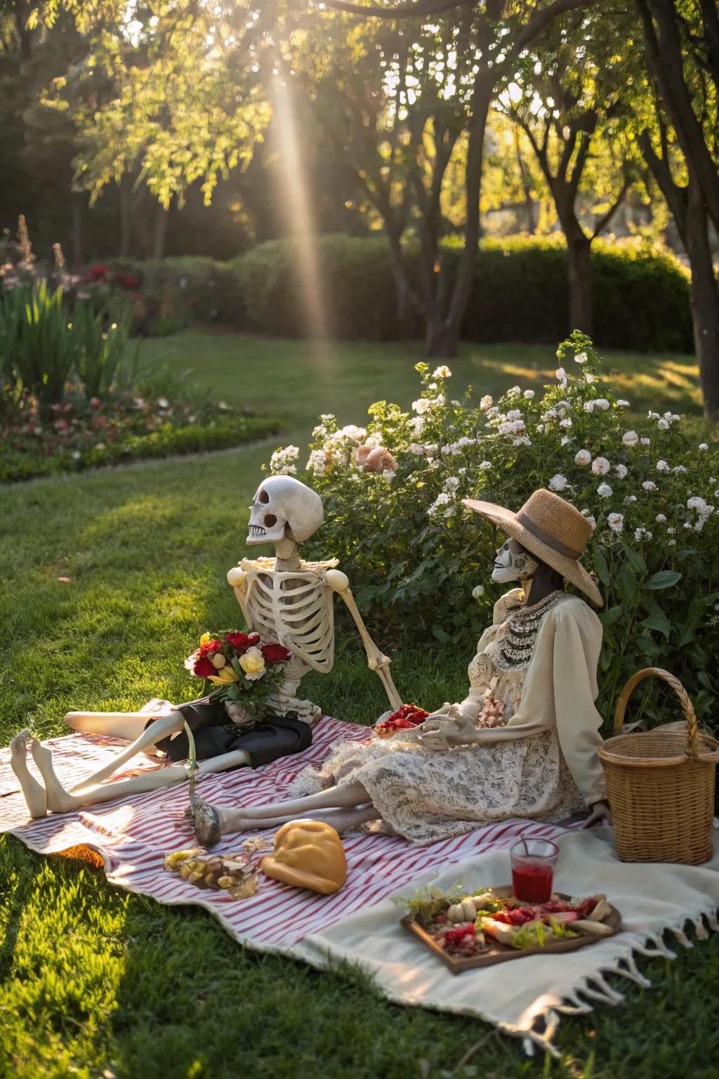 Skeletons at a picnic bring a whimsical charm to your Halloween decor.