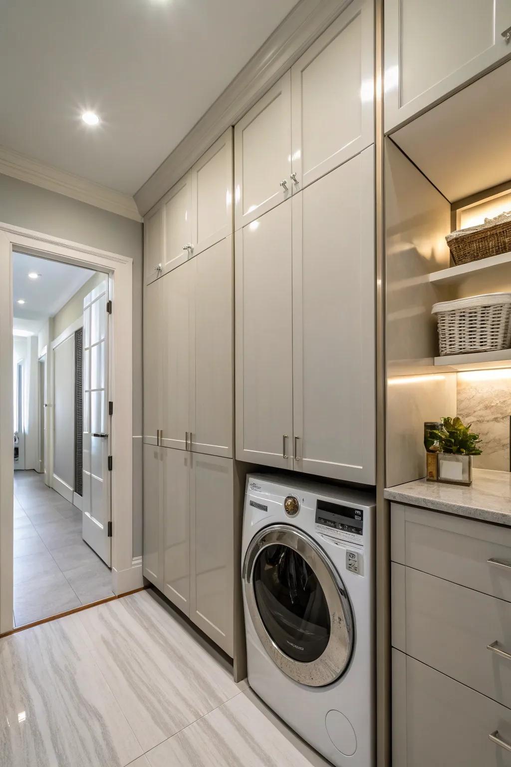 Sleek built-in cabinets keep the laundry area tidy.