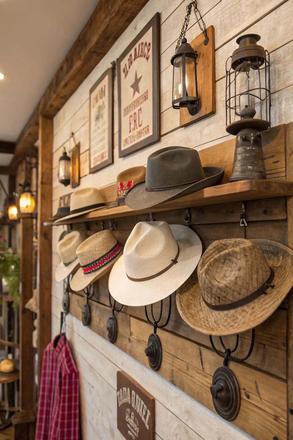 A rustic theme brings character to your hat display.