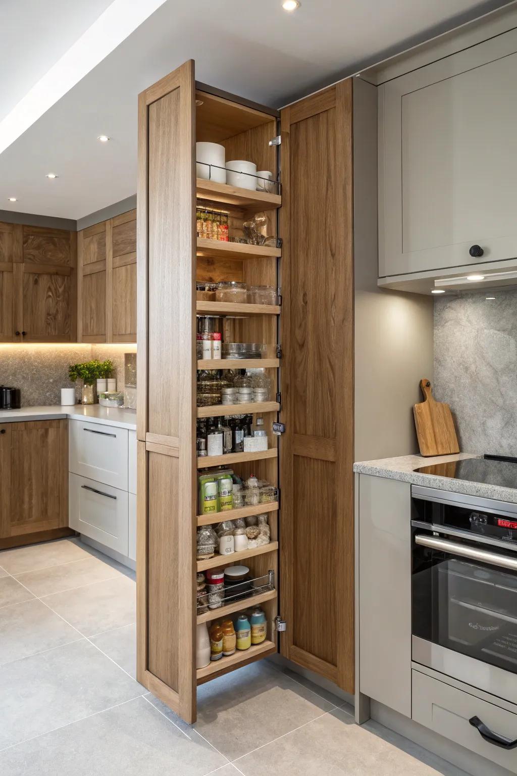 A full-length hidden pantry utilizing vertical space effectively.