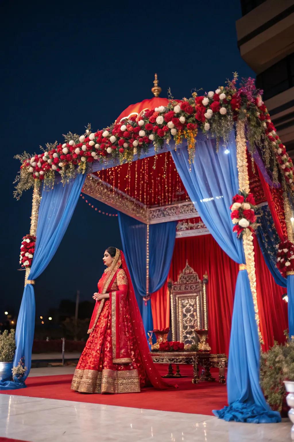 A mandap featuring daring color schemes for a striking visual impact.