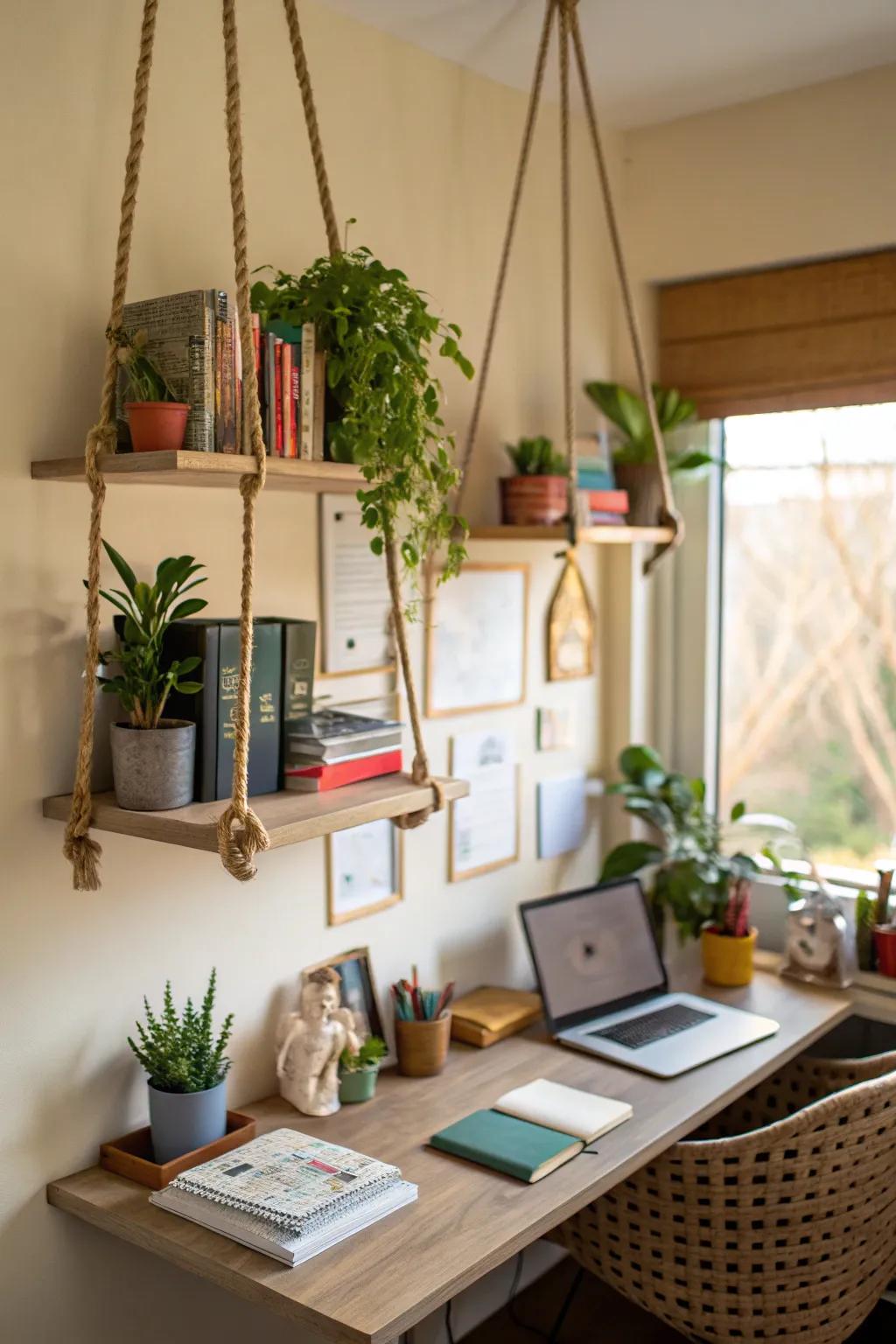 Hanging shelves create a unique and airy visual.