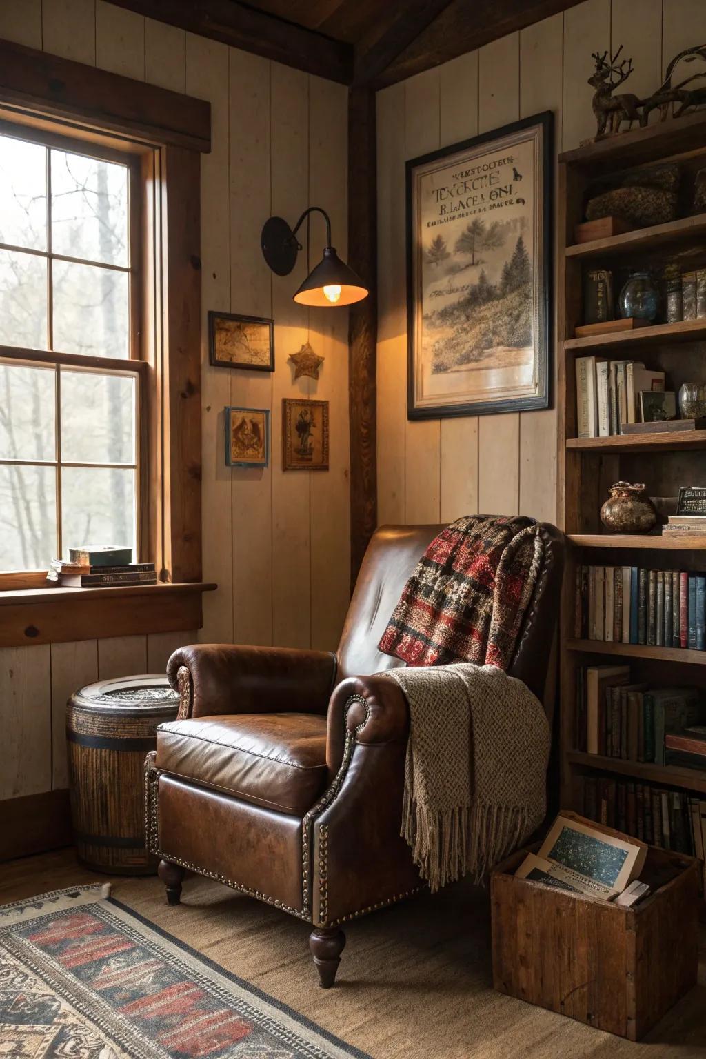 Leather furniture adds warmth and sophistication to your hunting-themed room.