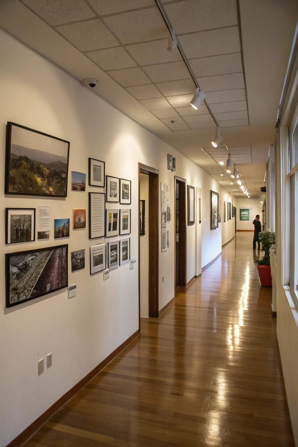 A gallery wall metamorphoses a hallway into a personalized art display.