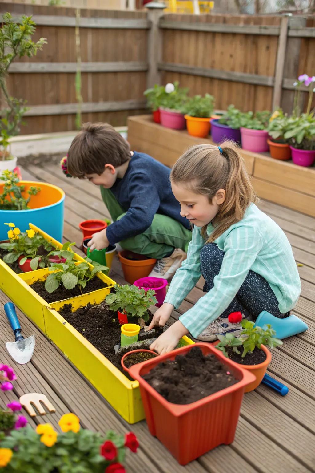 A small deck garden where children are planting flowers and vegetables.