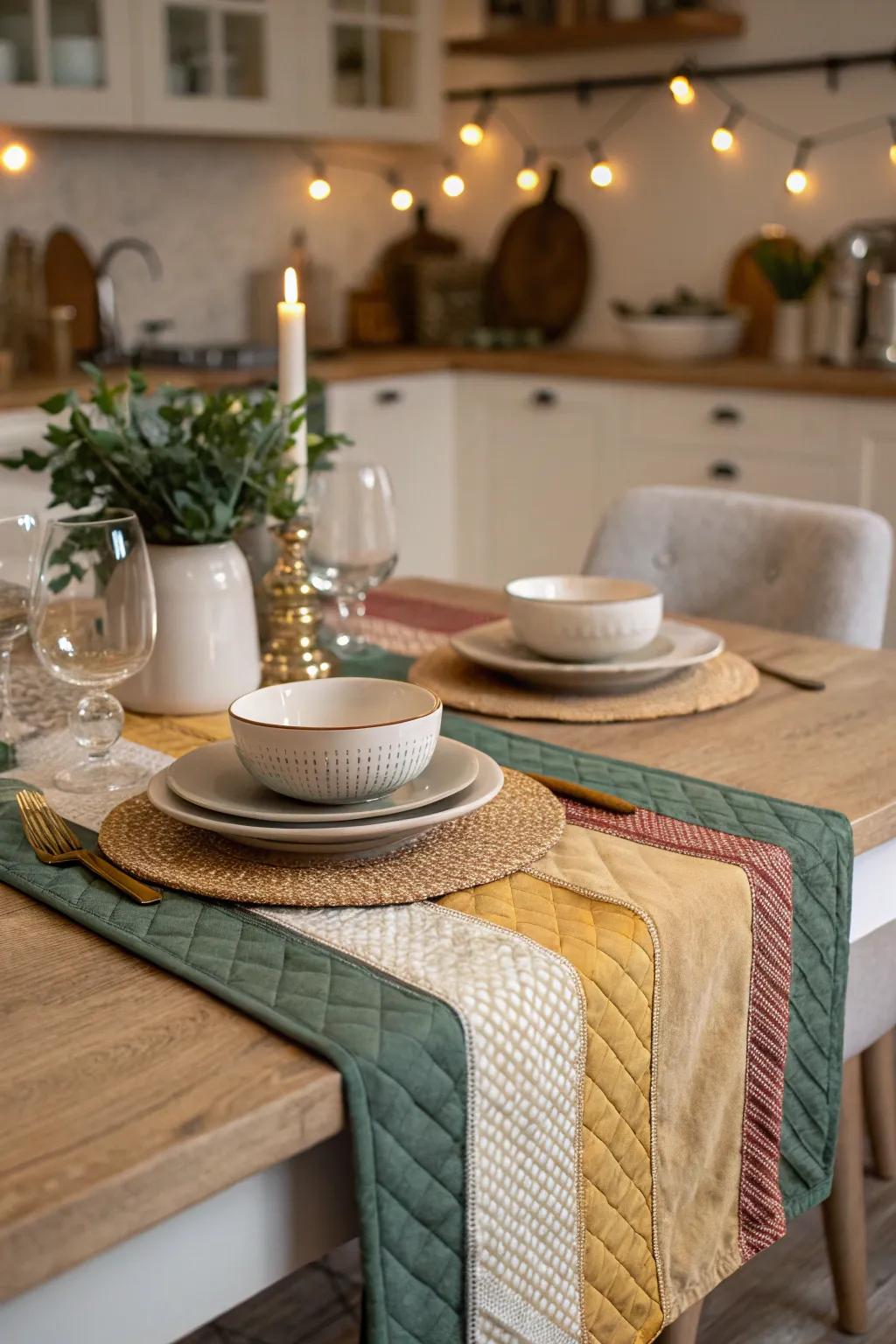 Layered table runners add color and texture effortlessly.