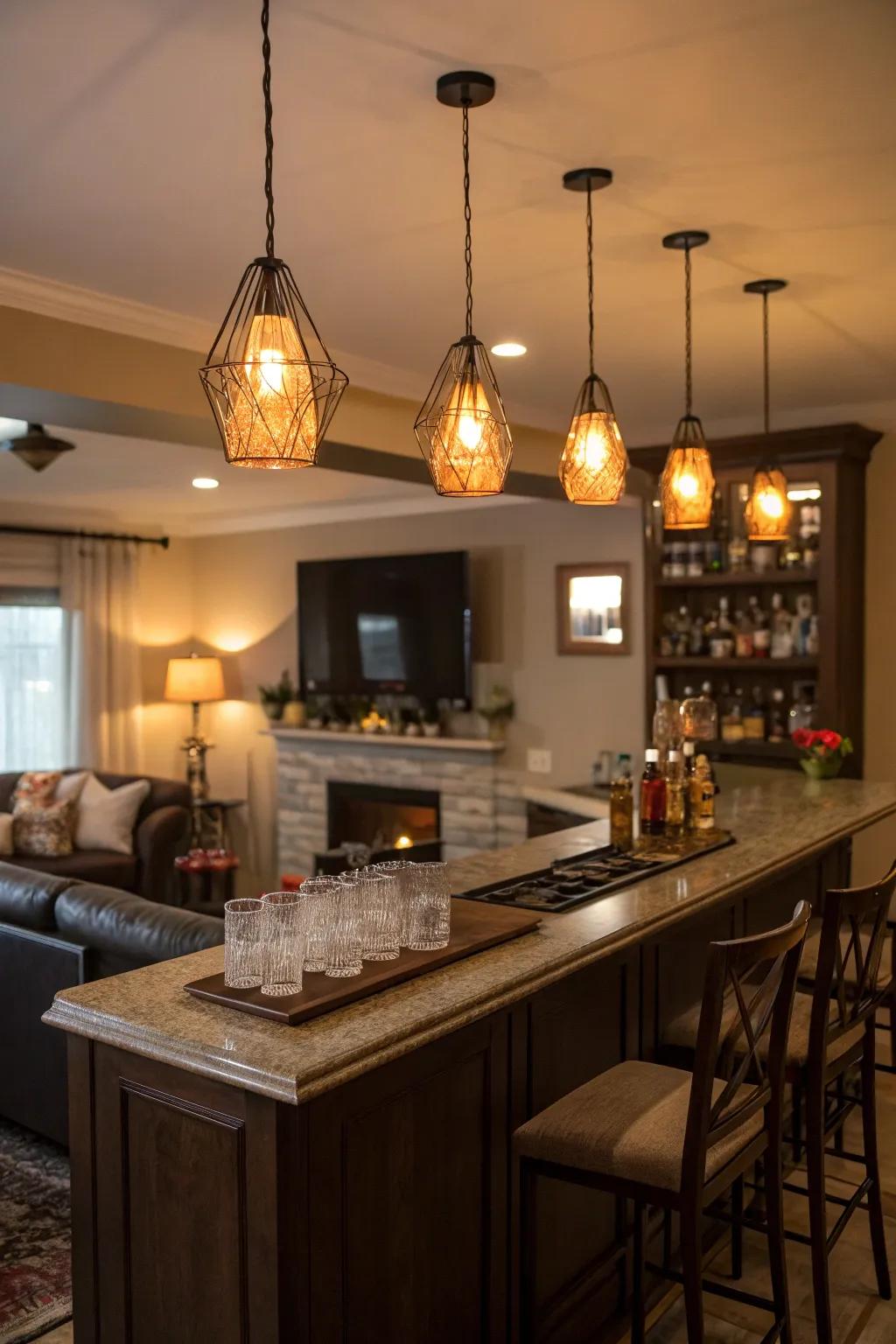 Warm lighting makes this bar a cozy retreat.