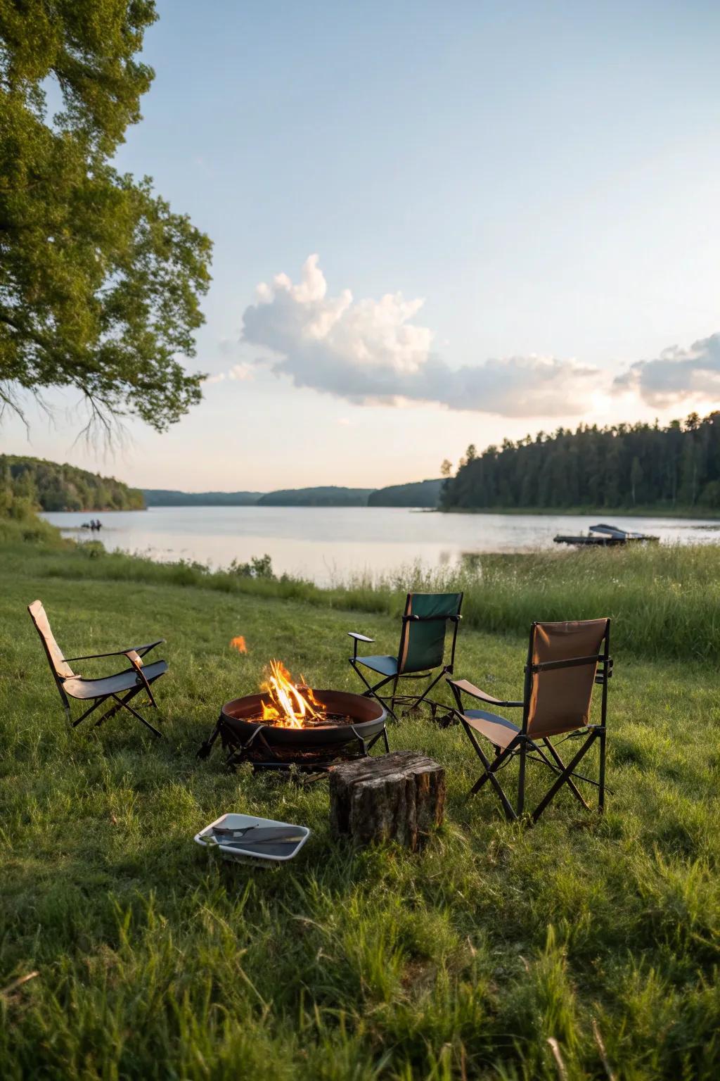 A portable fire pit offers flexibility and convenience for any lakeside gathering.