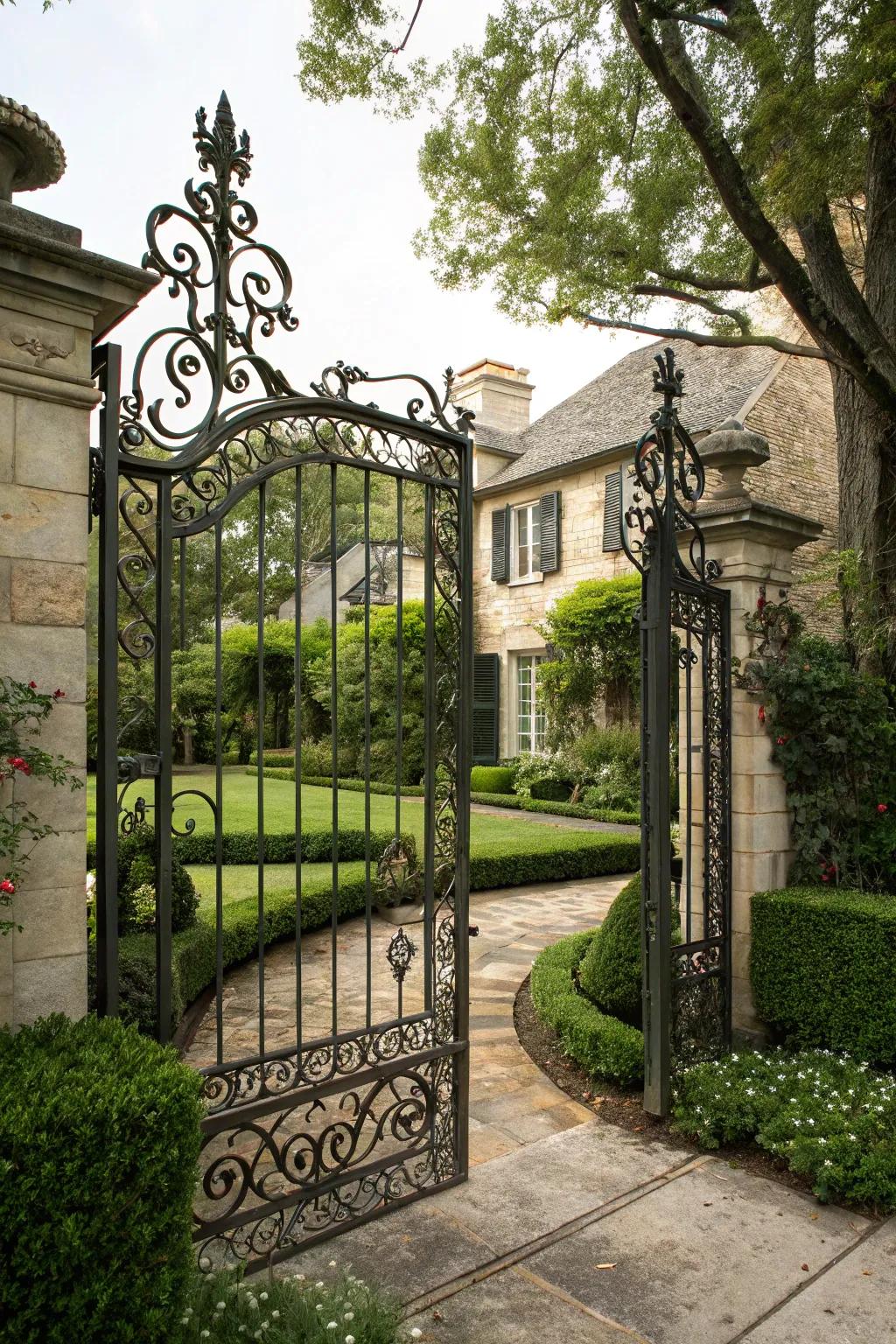 Fashioned iron entrances provide enduring sophistication and sturdiness.