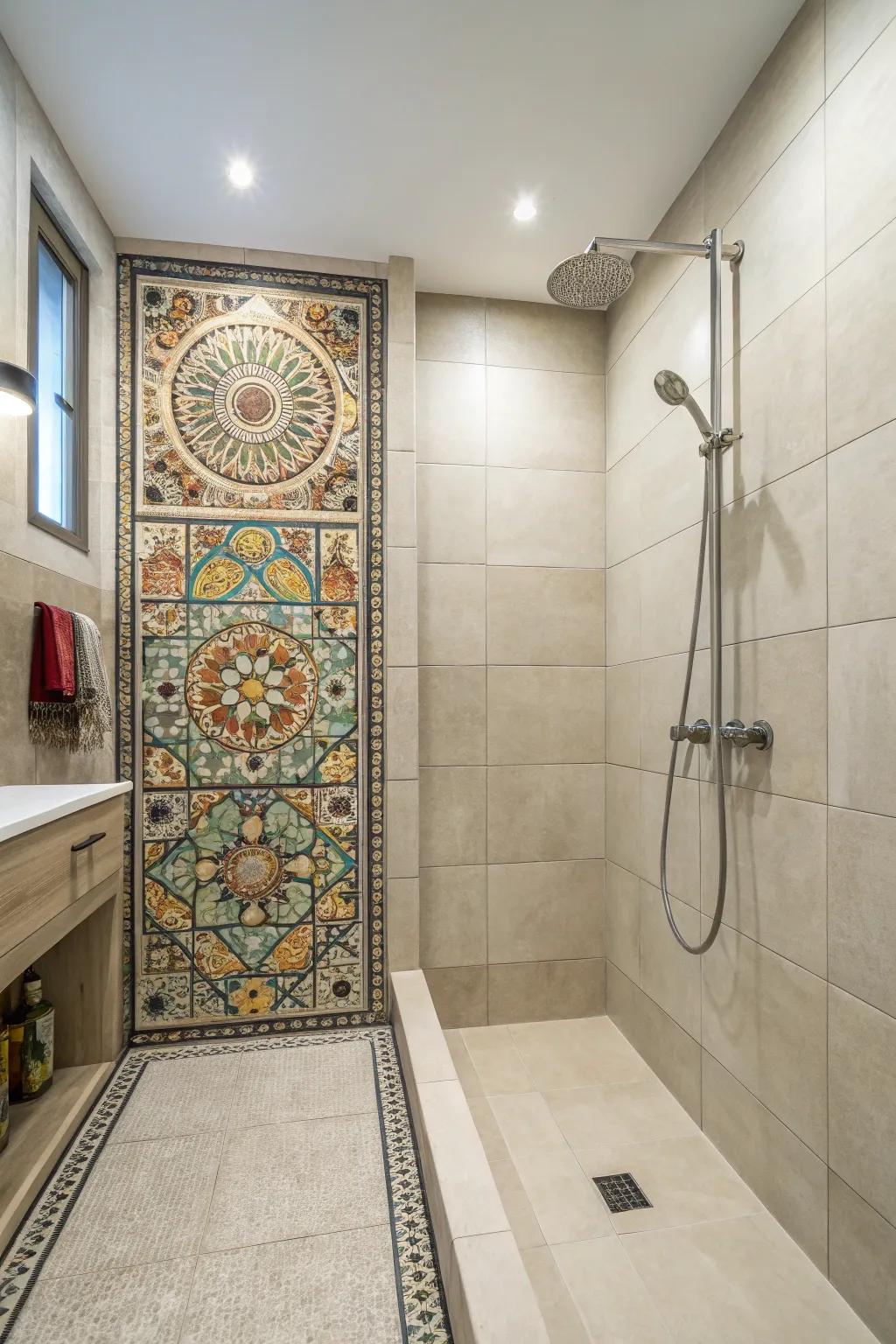 Decorative accents add intrigue and style to a large panel shower.