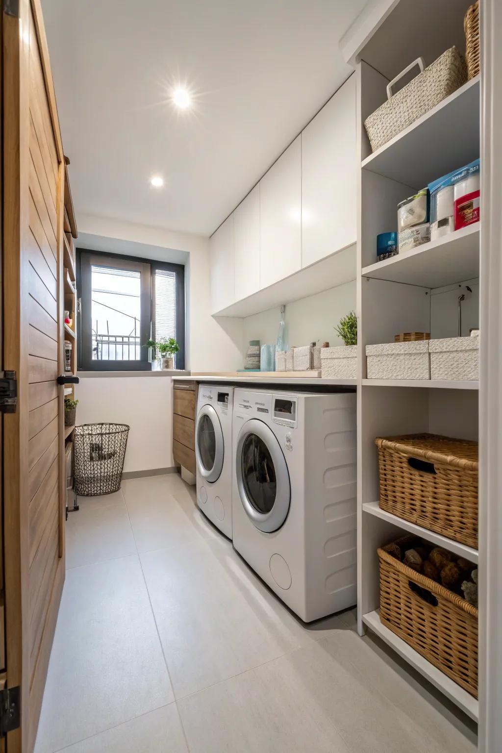 A compact layout with seamless flooring makes for an efficient laundry room.