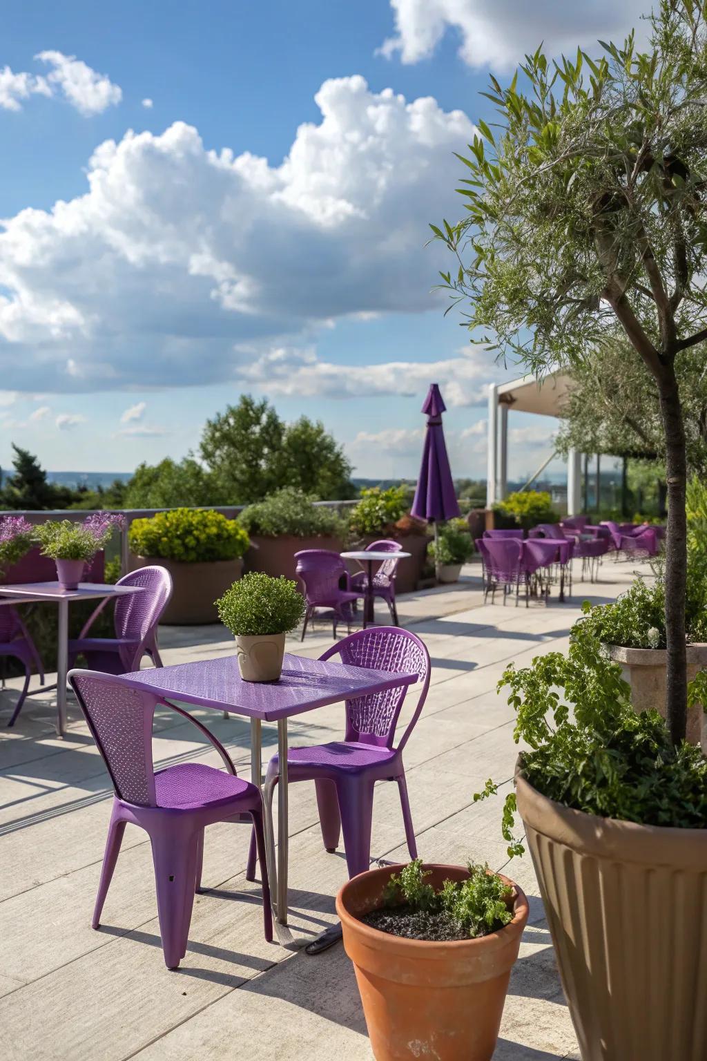 A sophisticated patio showcasing purple furniture and cheerful potted plants.