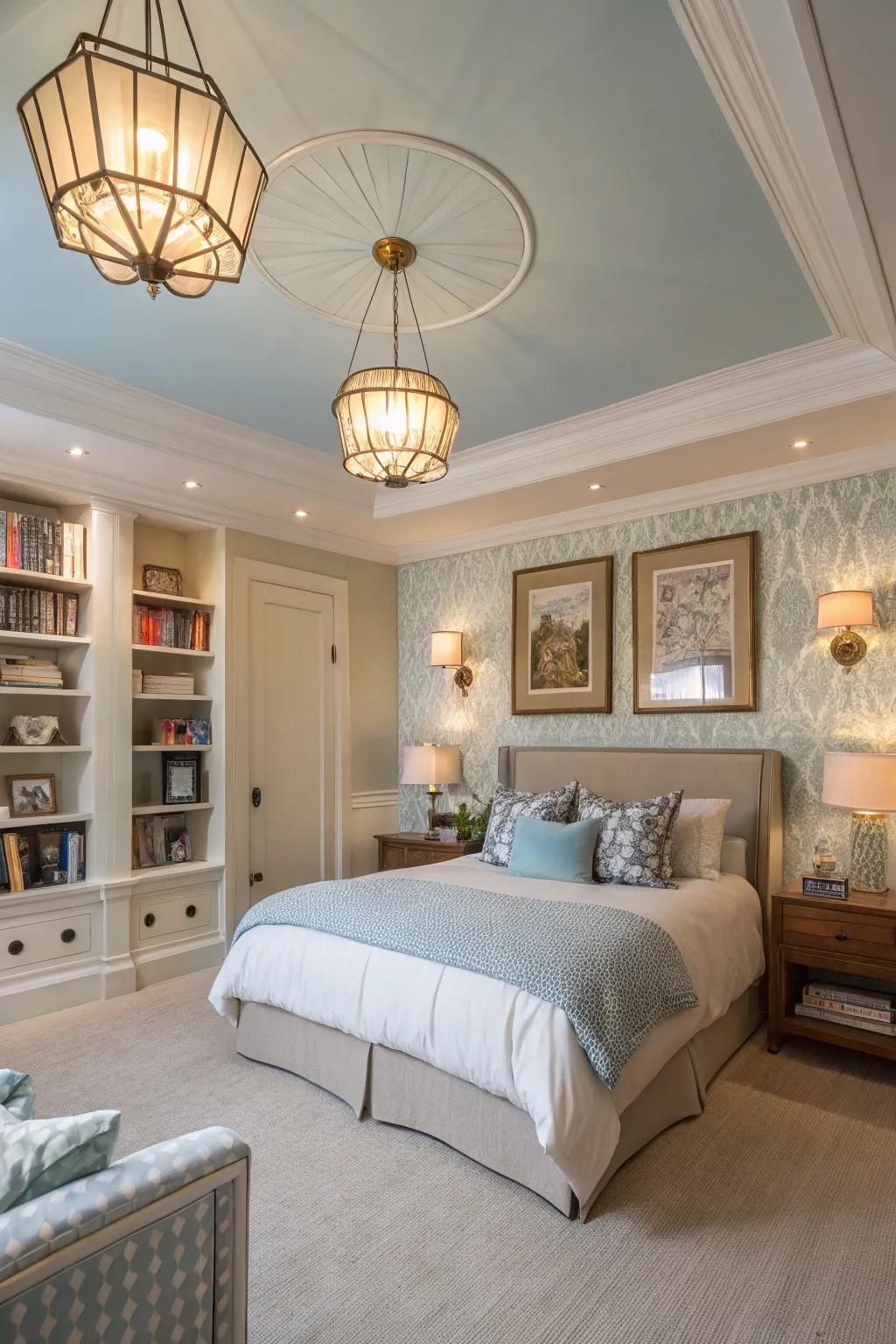 A soothing bedroom with a sky-blue ceiling and elegant lighting.