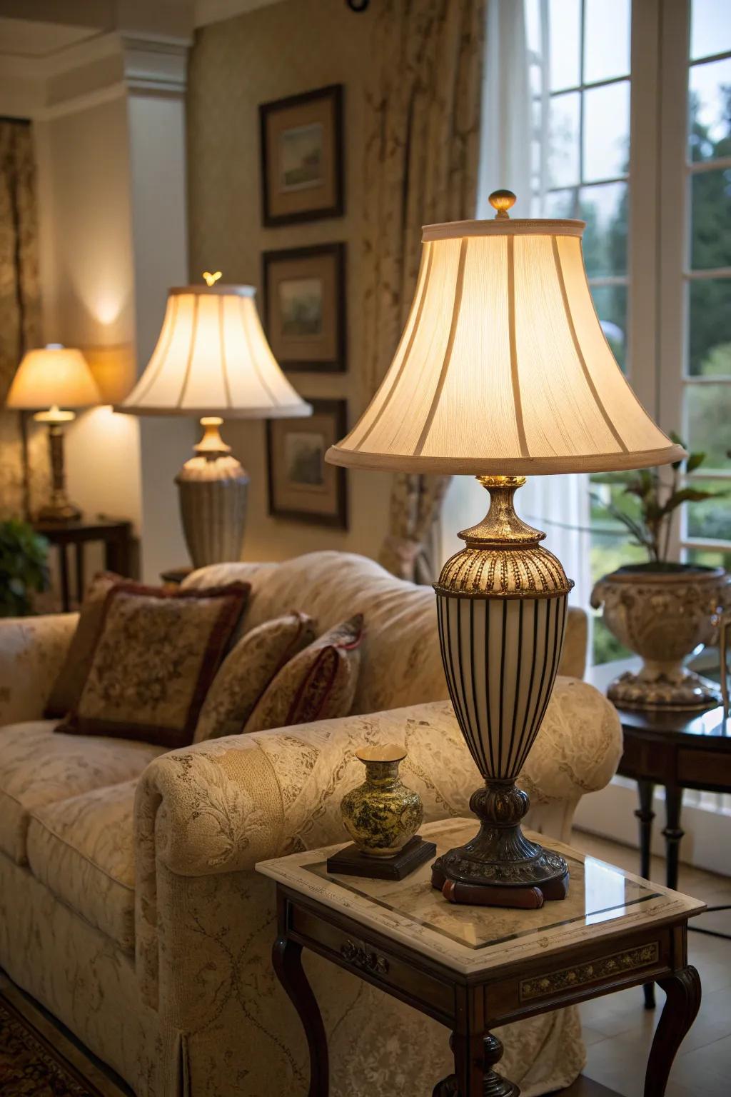 Small lamps add layers of soft light, which enhances the cozy atmosphere.