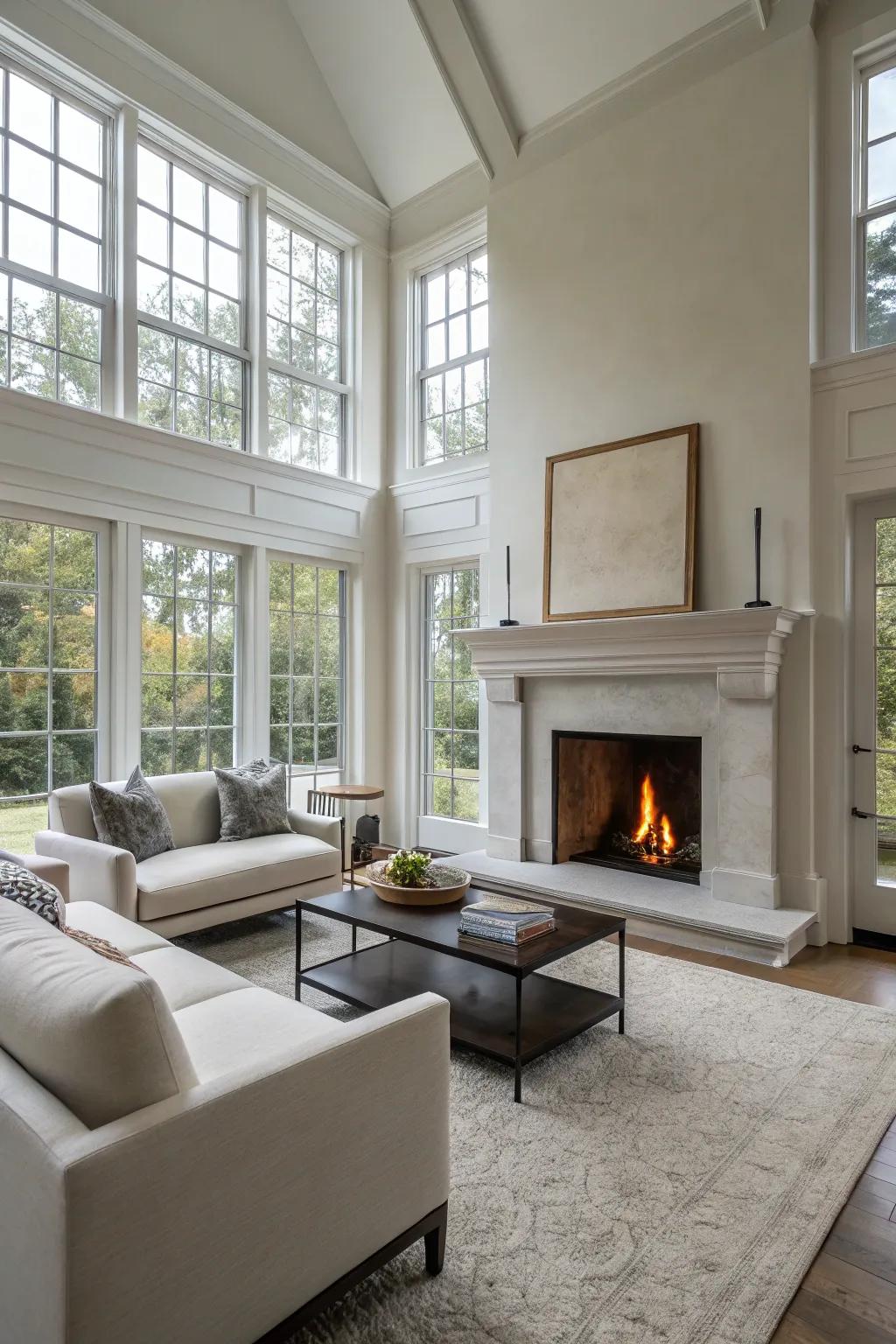 An open and elegant living room layout with a fireplace.