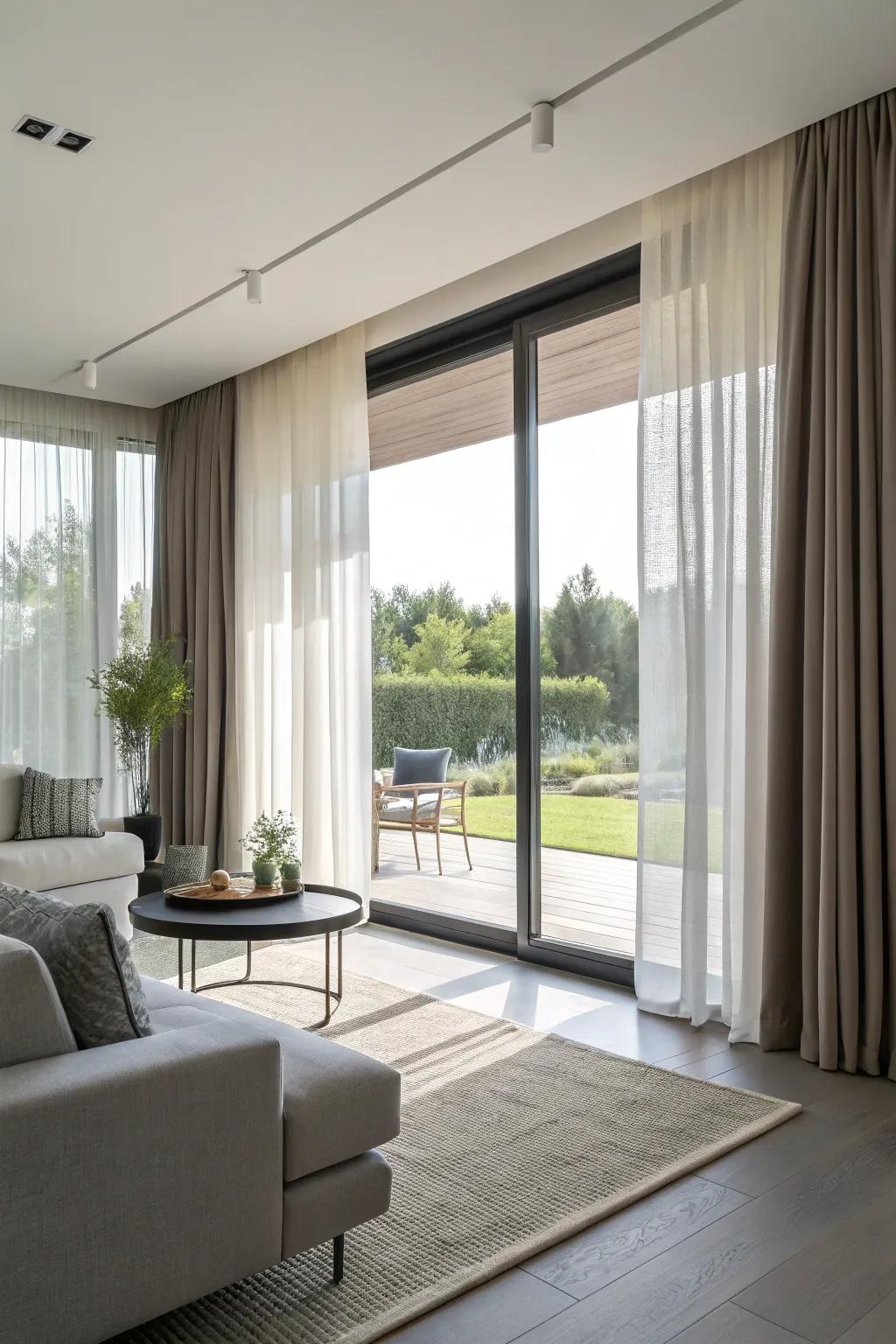 Achieve a versatile look with sliding curtains for your living room windows.