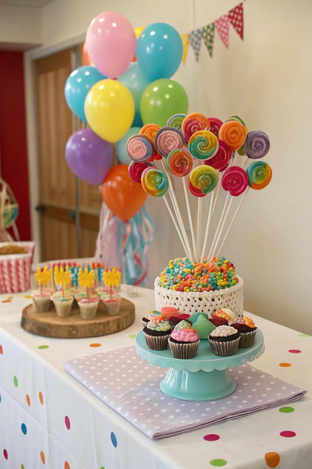 A festive lollipop bouquet on a cupcake stand