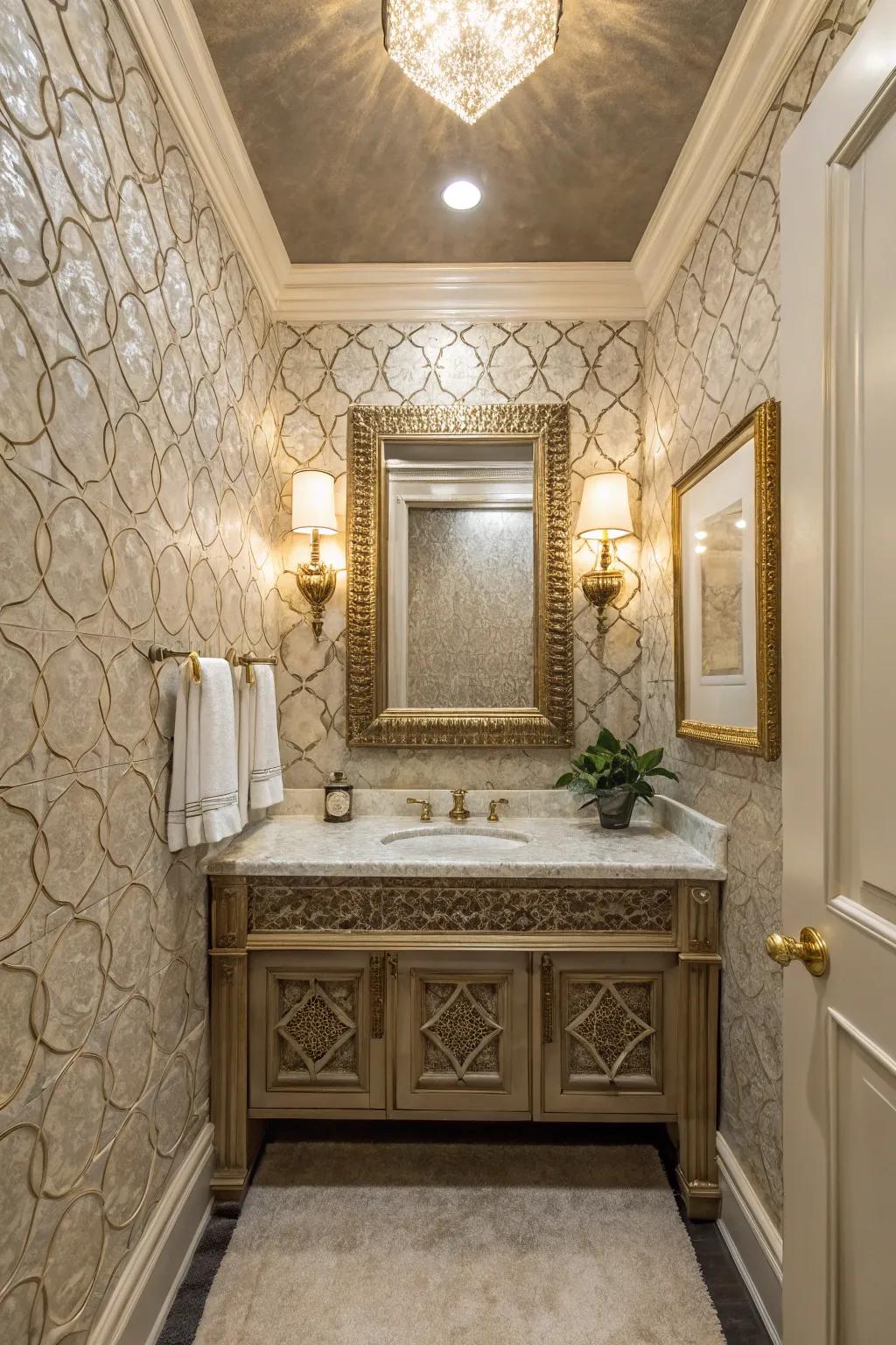 Textured walls bring depth and interest to this powder room.