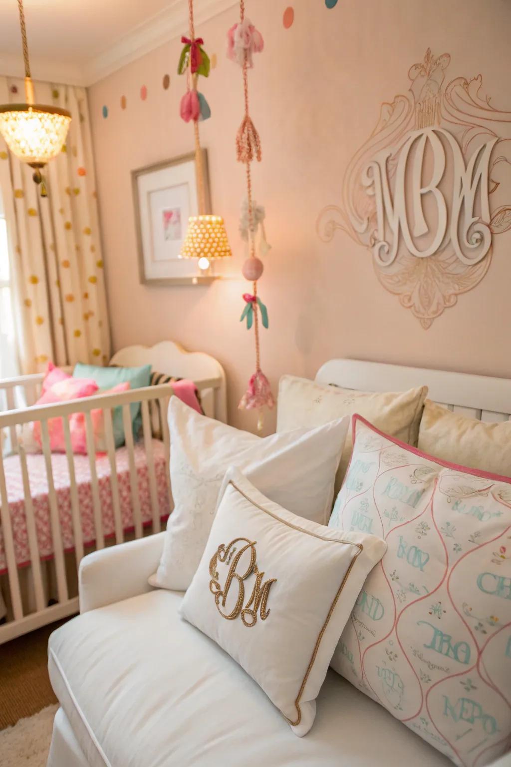A baby room with stylish extras like pillows with names on them and decorations that fit a theme.
