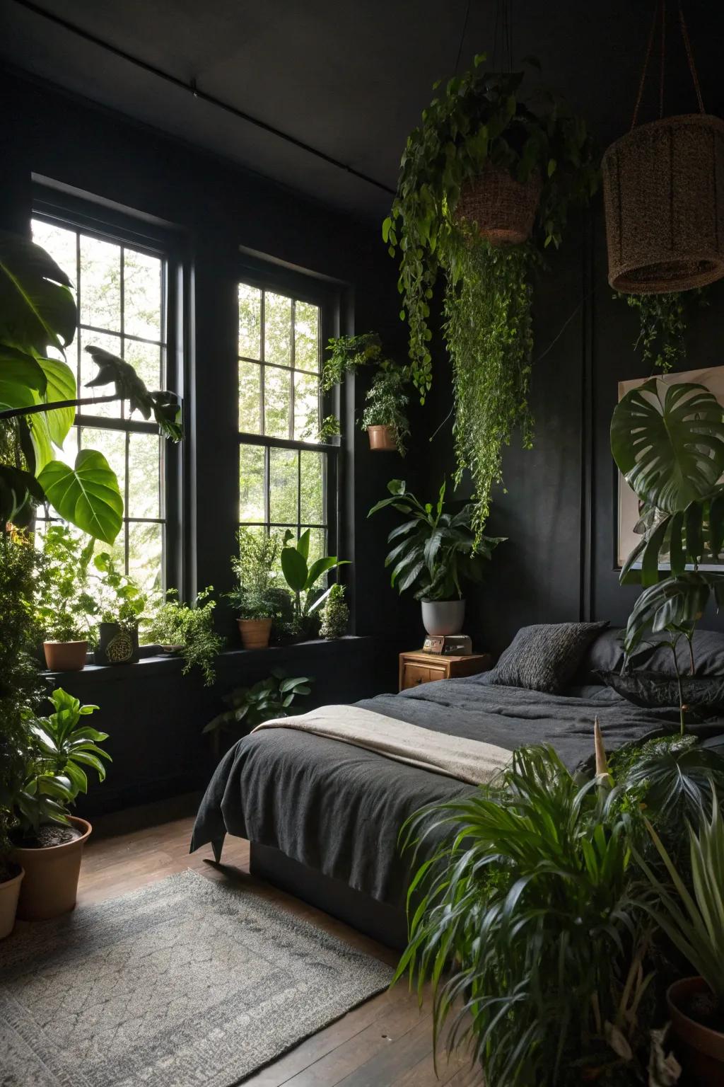 Indoor plants add a touch of life and tranquility to this elegant black bedroom.