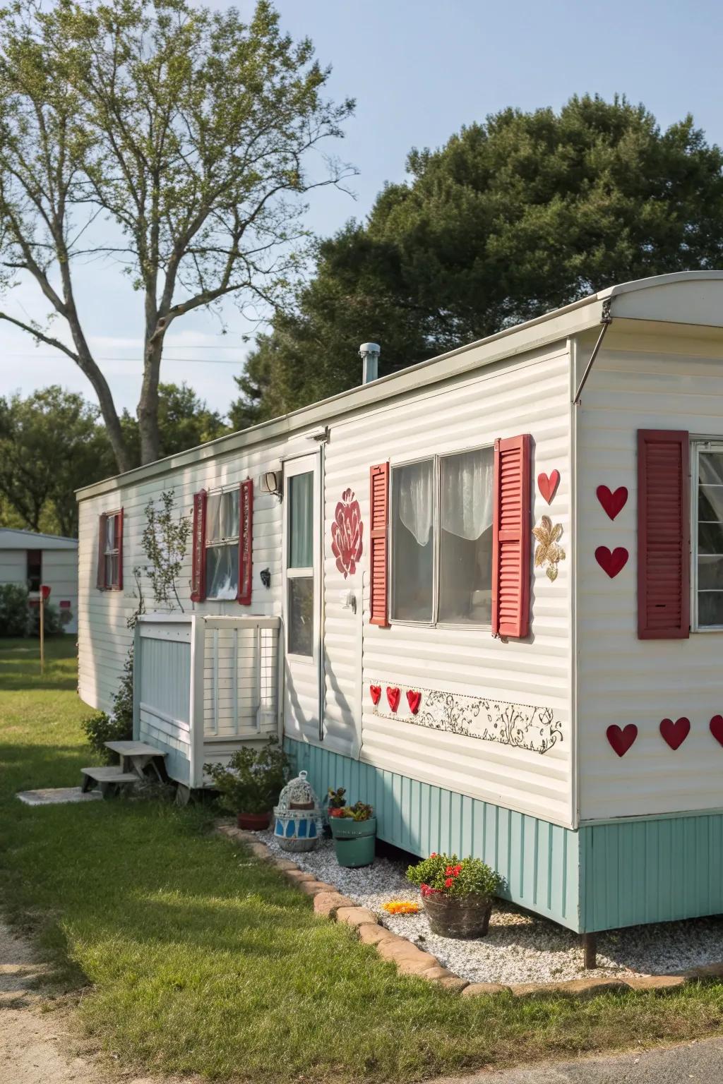 Whimsical cutouts on shutters adding charm to a mobile home.