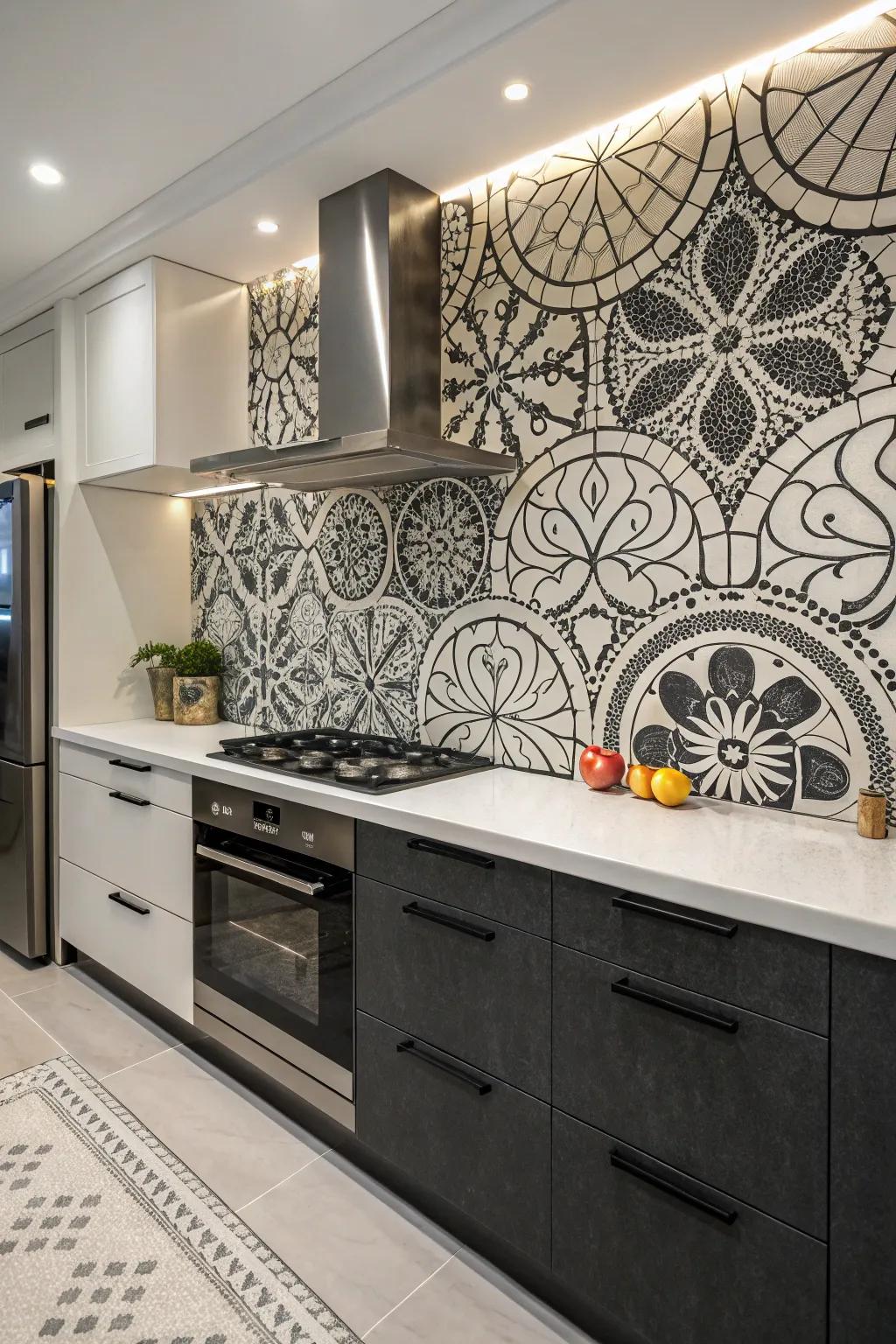 Monochrome mosaics create a captivating kitchen focal point.