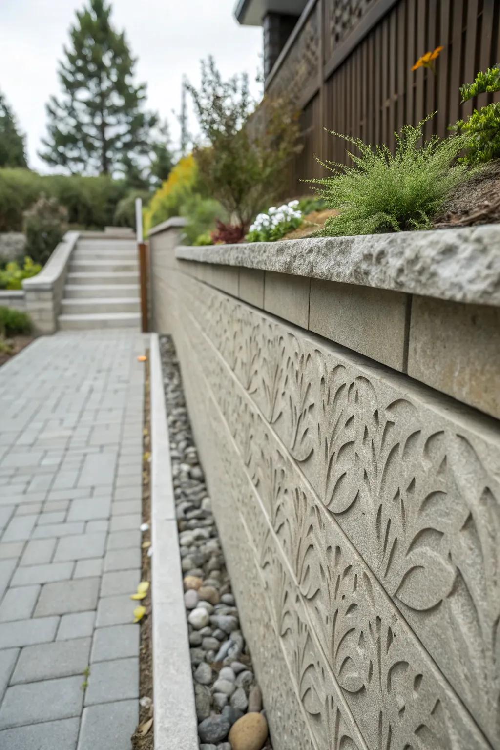 Textured concrete wall adding depth to the landscape.