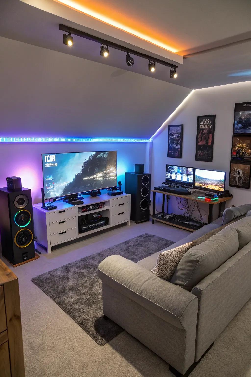 A gaming bedroom with integrated smart technology for lighting and audio.