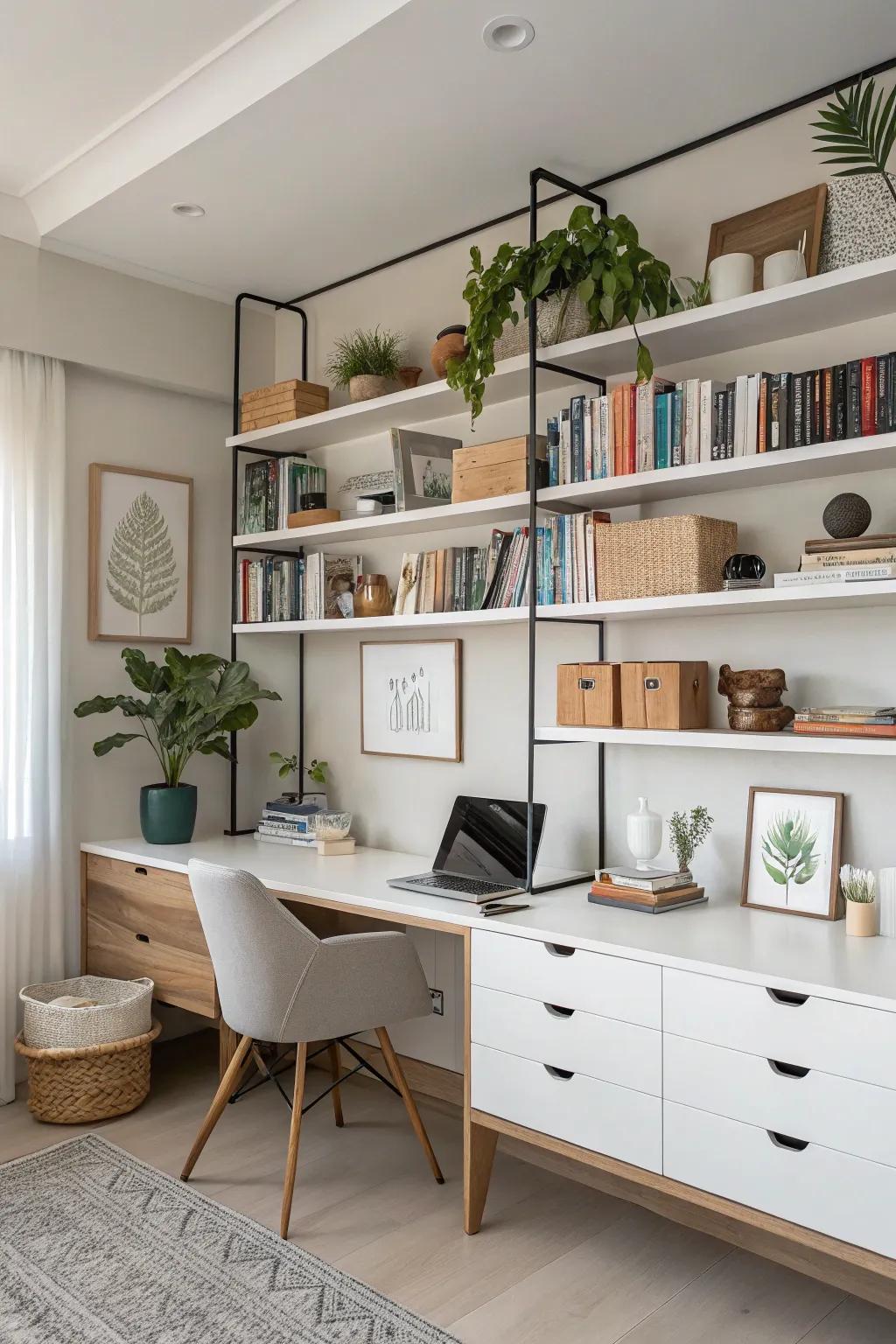 Stylish shelving units in a modern home office.