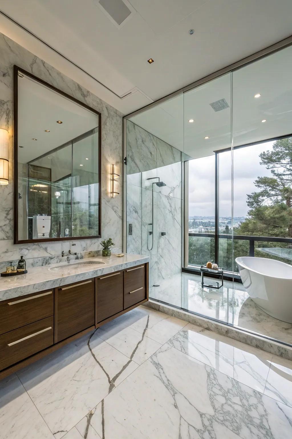 Opulent materials elevate the design of this bathroom.