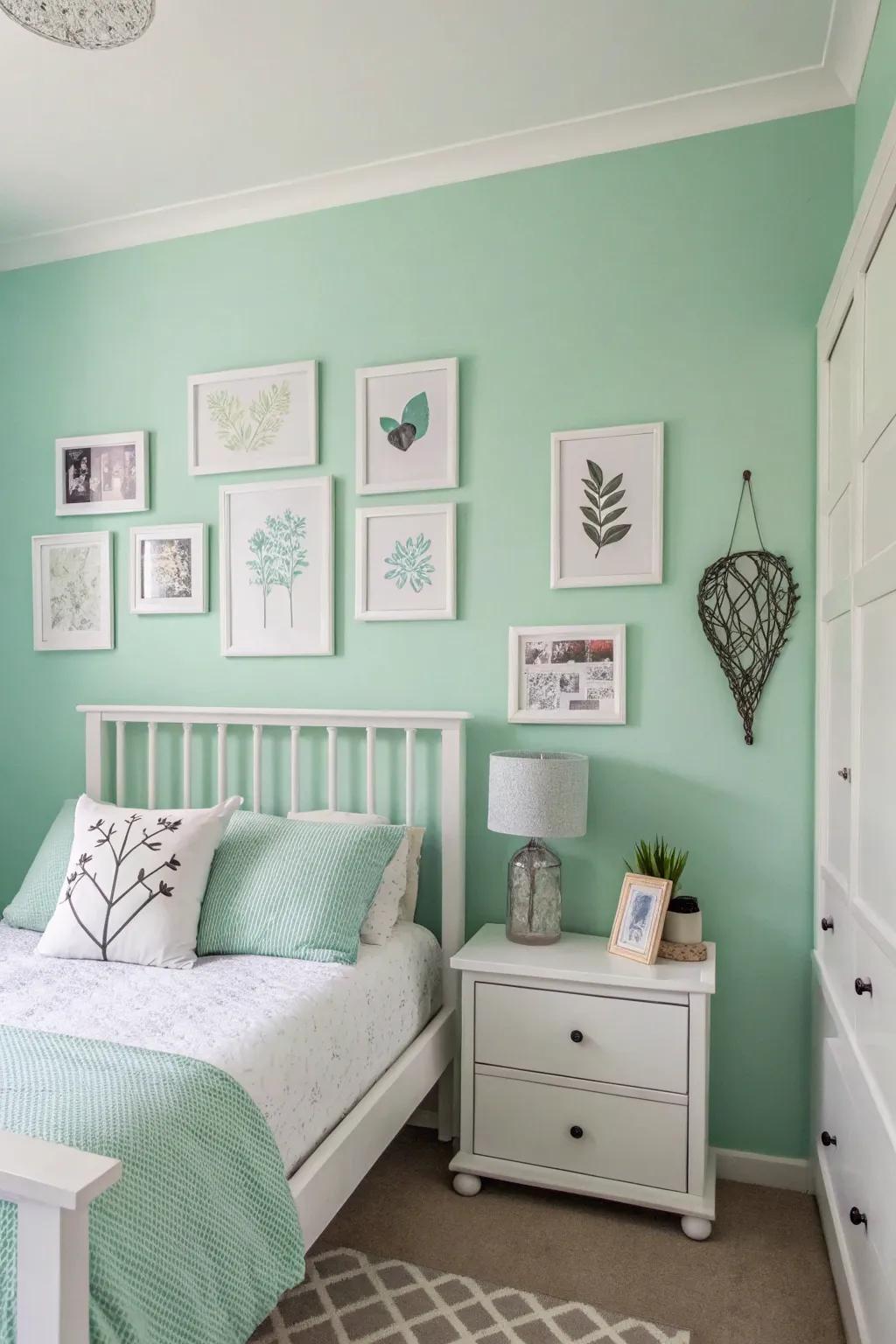 Minimalist artwork injecting elegance into a springtime green boudoir.
