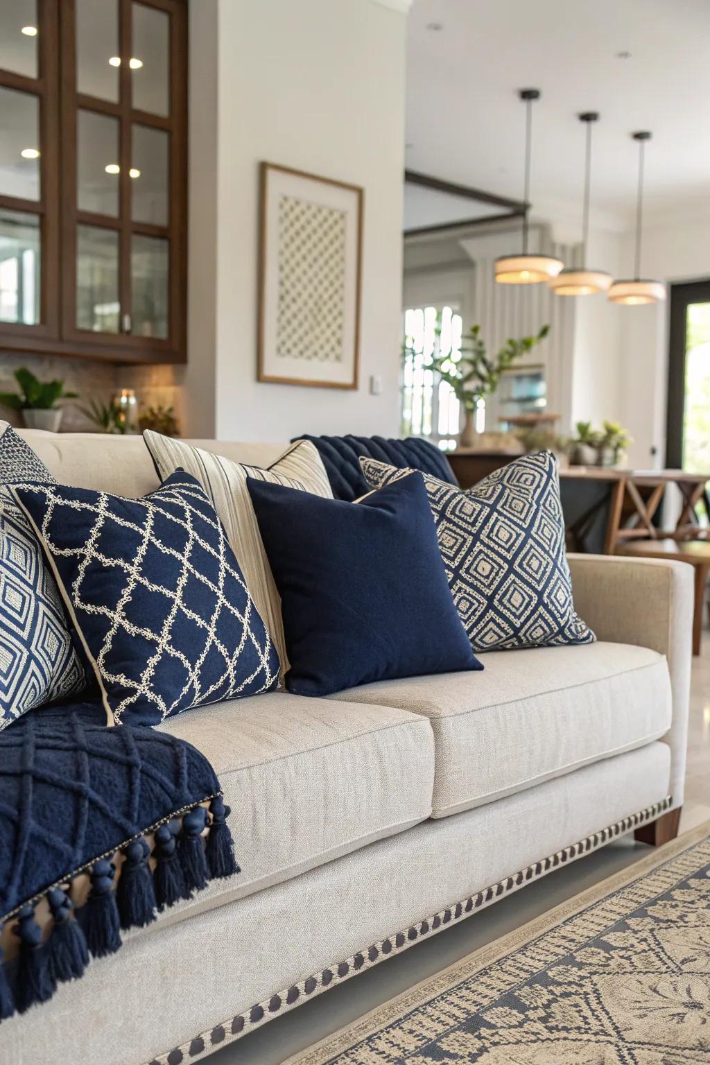 Navy pillows add a cozy and inviting touch.