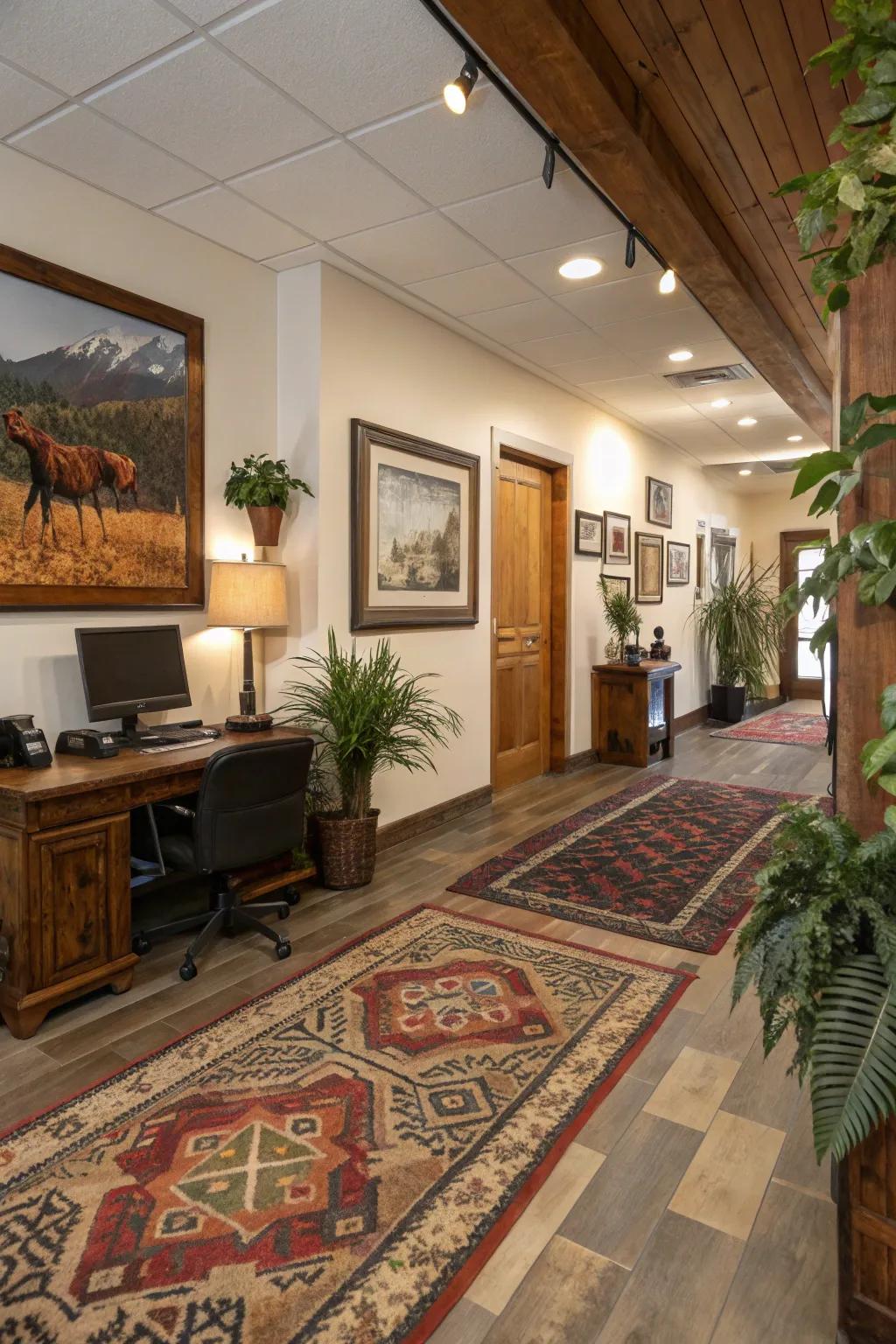 Decorative elements add personality and warmth to a rustic office.