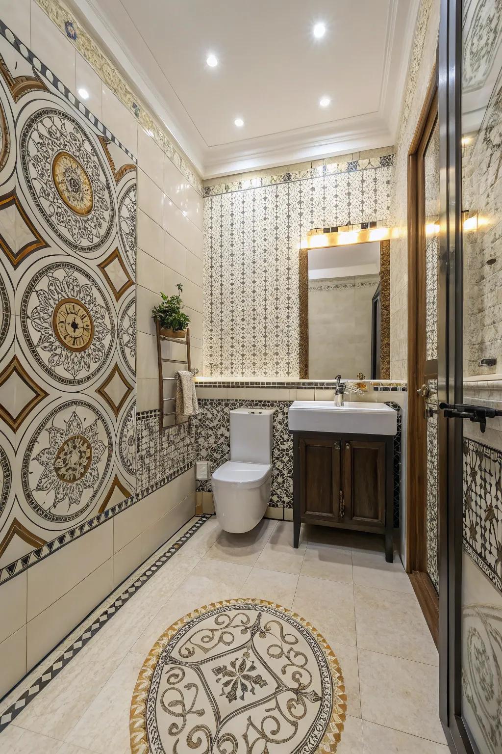 A balanced blend of traditional and modern mosaic designs in the bathroom.
