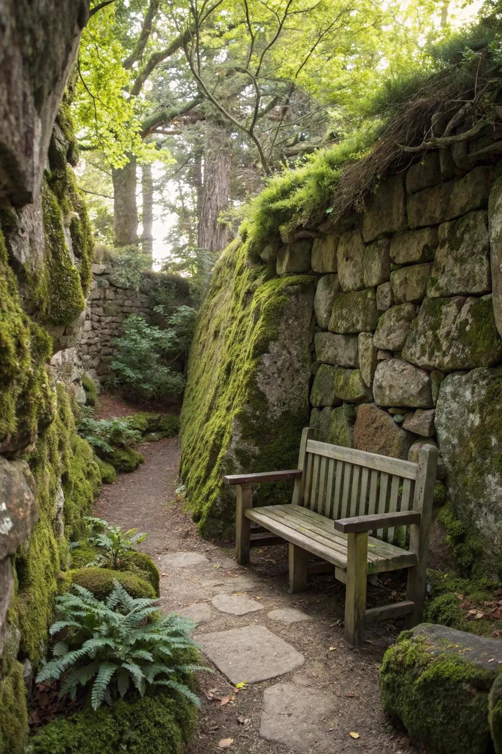 A secret garden retreat concealed behind lichen-laden rocks.