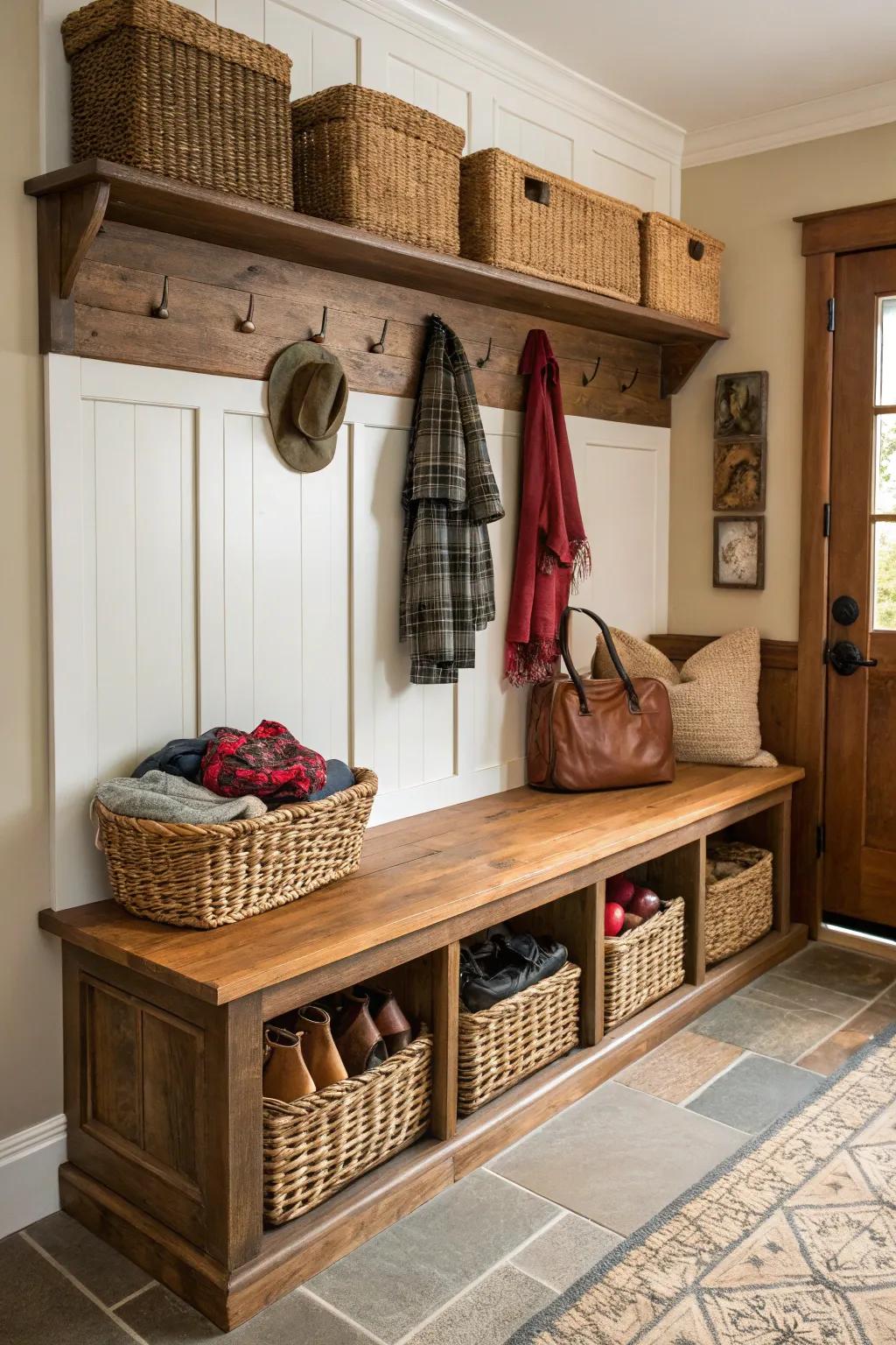 A stylish mudroom bench with decorative baskets for storage.