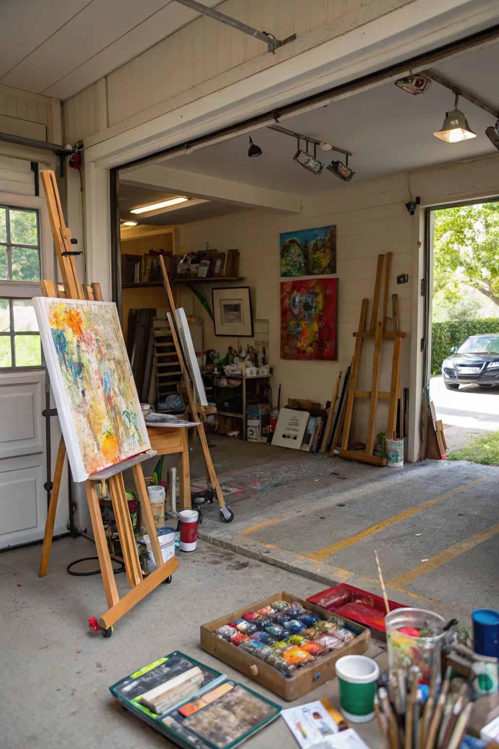 A garage transformed into a vibrant art studio.