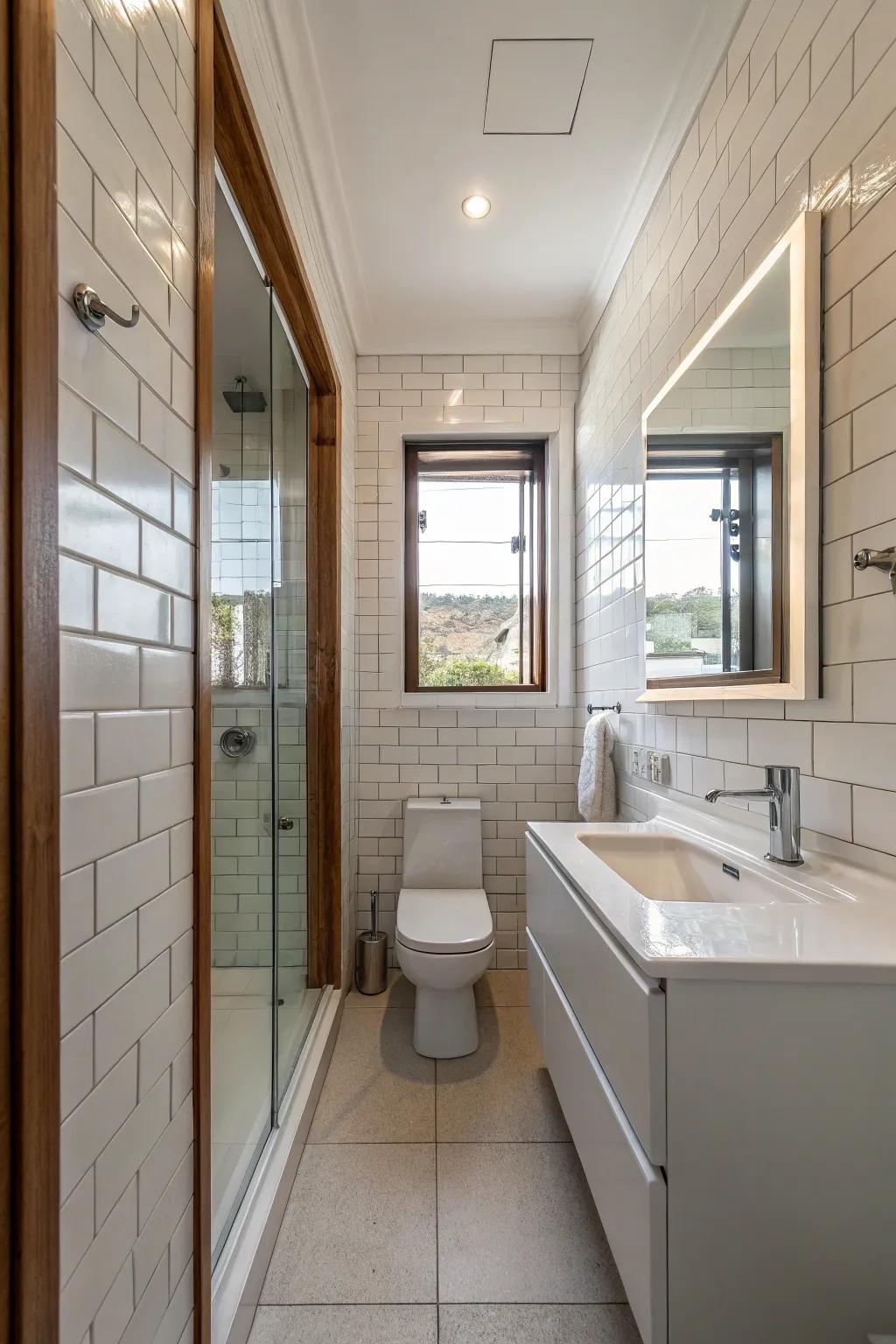 Floor-to-ceiling mirrors enhance the spaciousness of narrow bathrooms.