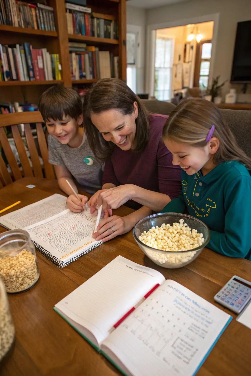 A family exploring educational activities with popcorn.