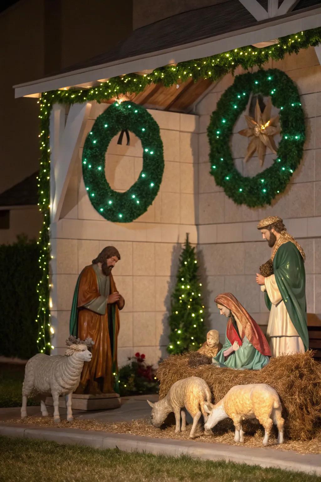 Festive wreaths infuse your nativity scene with holiday cheer.