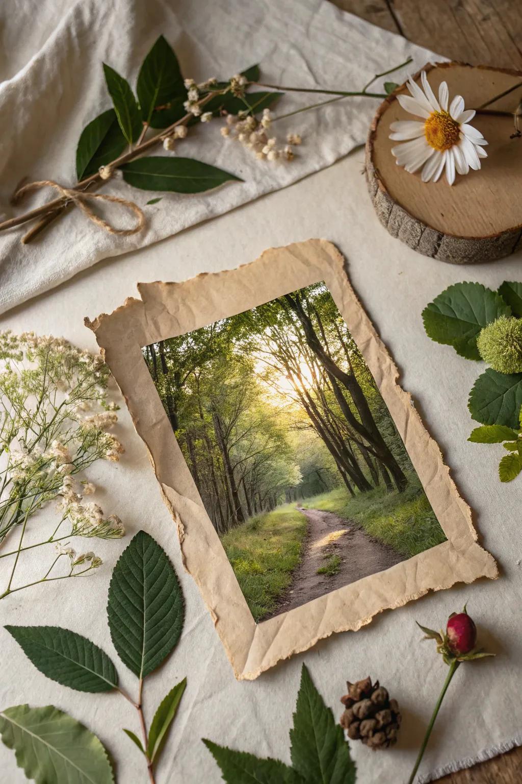 A tactile landscape collage crafted from fragmented paper and organic components.