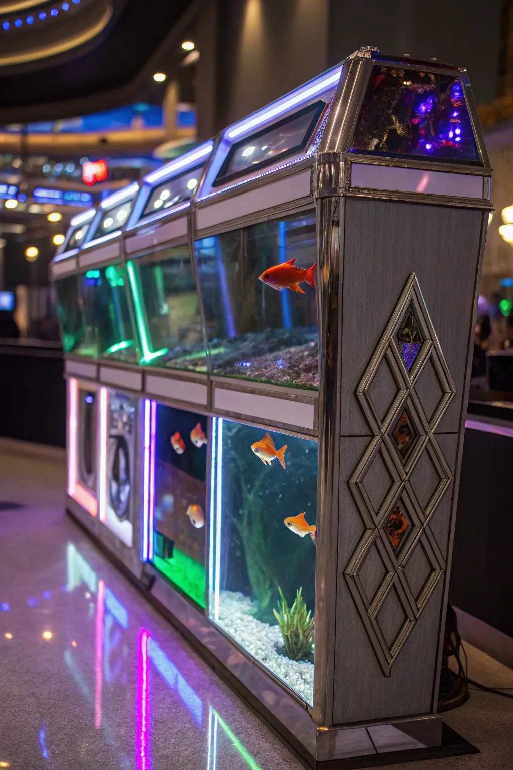 A futuristic theme creates an otherworldly vibe in this neon fish tank.