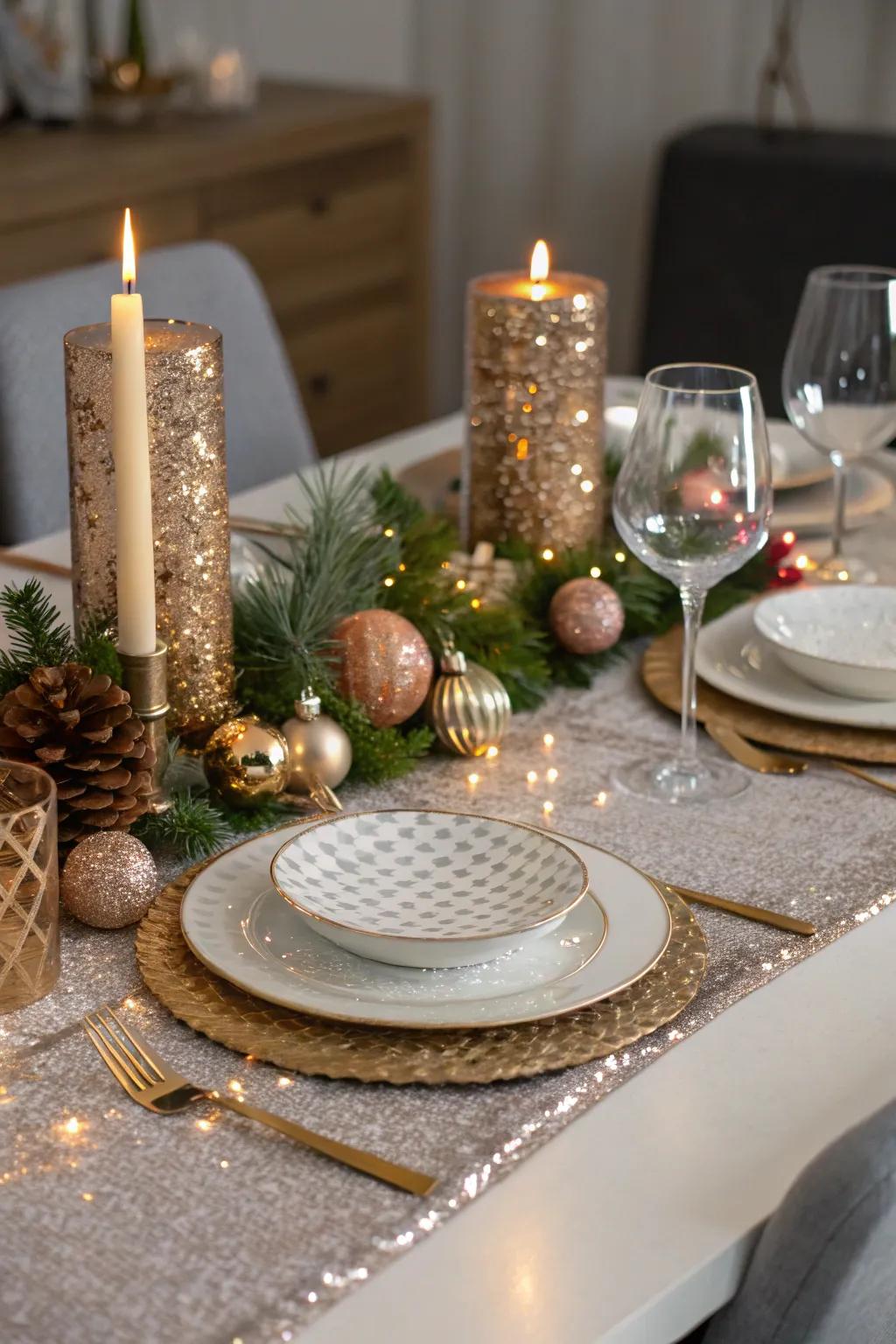 A glittering table runner adds a festive sparkle to the dining experience.