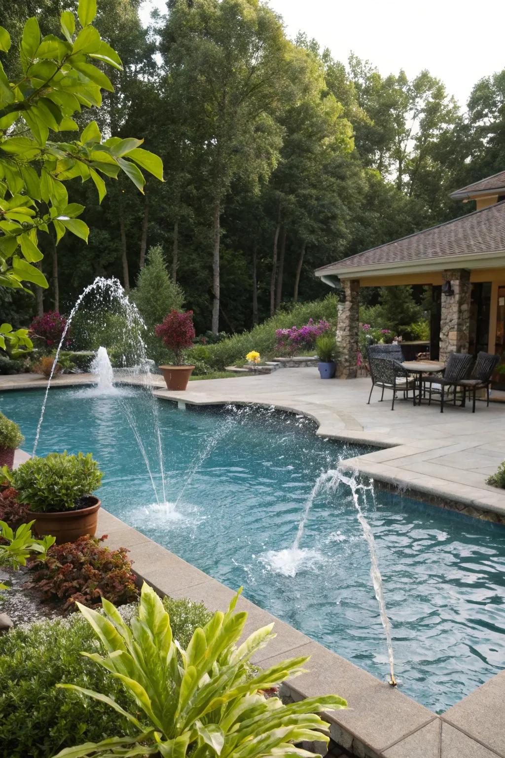 A pool showcasing aquatic jets, adding a playful and soothing element to the garden.