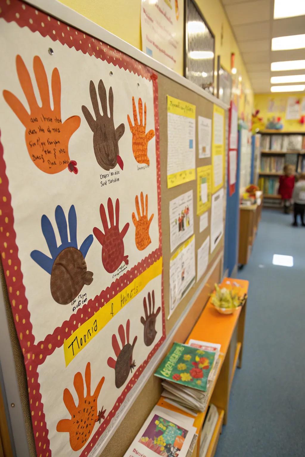 A bulletin board featuring handprint turkeys.