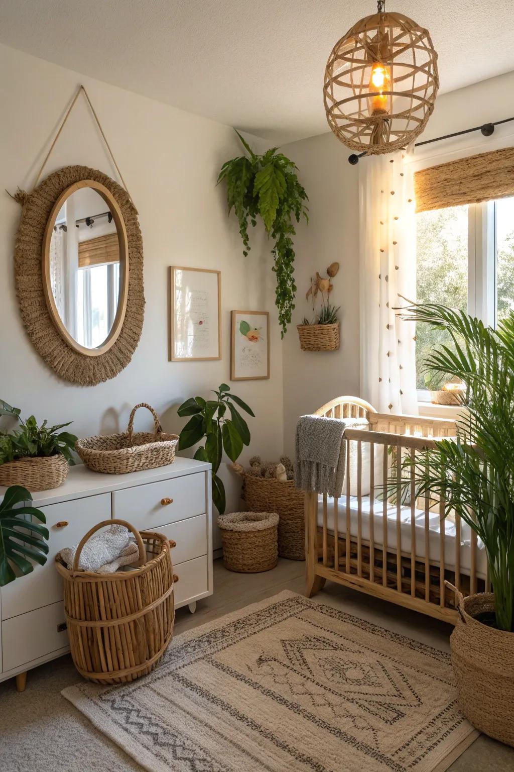 A wicker-framed mirror adds an earthy touch to this nursery.