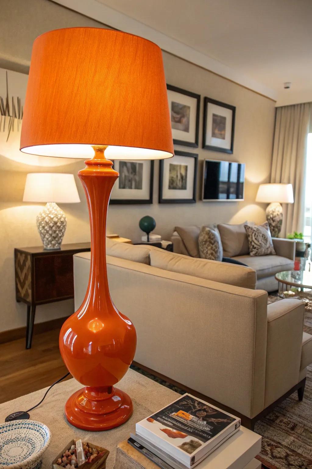 A modern orange lamp adds warmth and style to the living room.