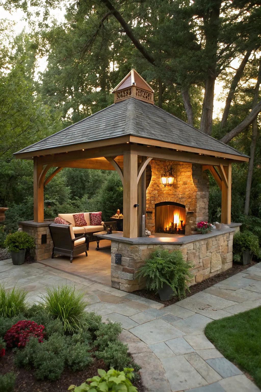 Add warmth and charm with a fireplace in your outdoor kitchen gazebo.