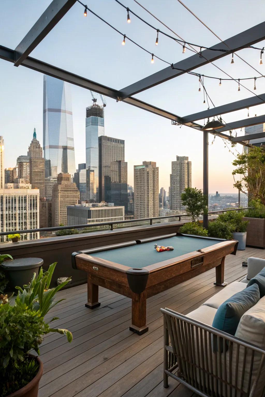 A rooftop deck featuring a pool table with stunning city views.