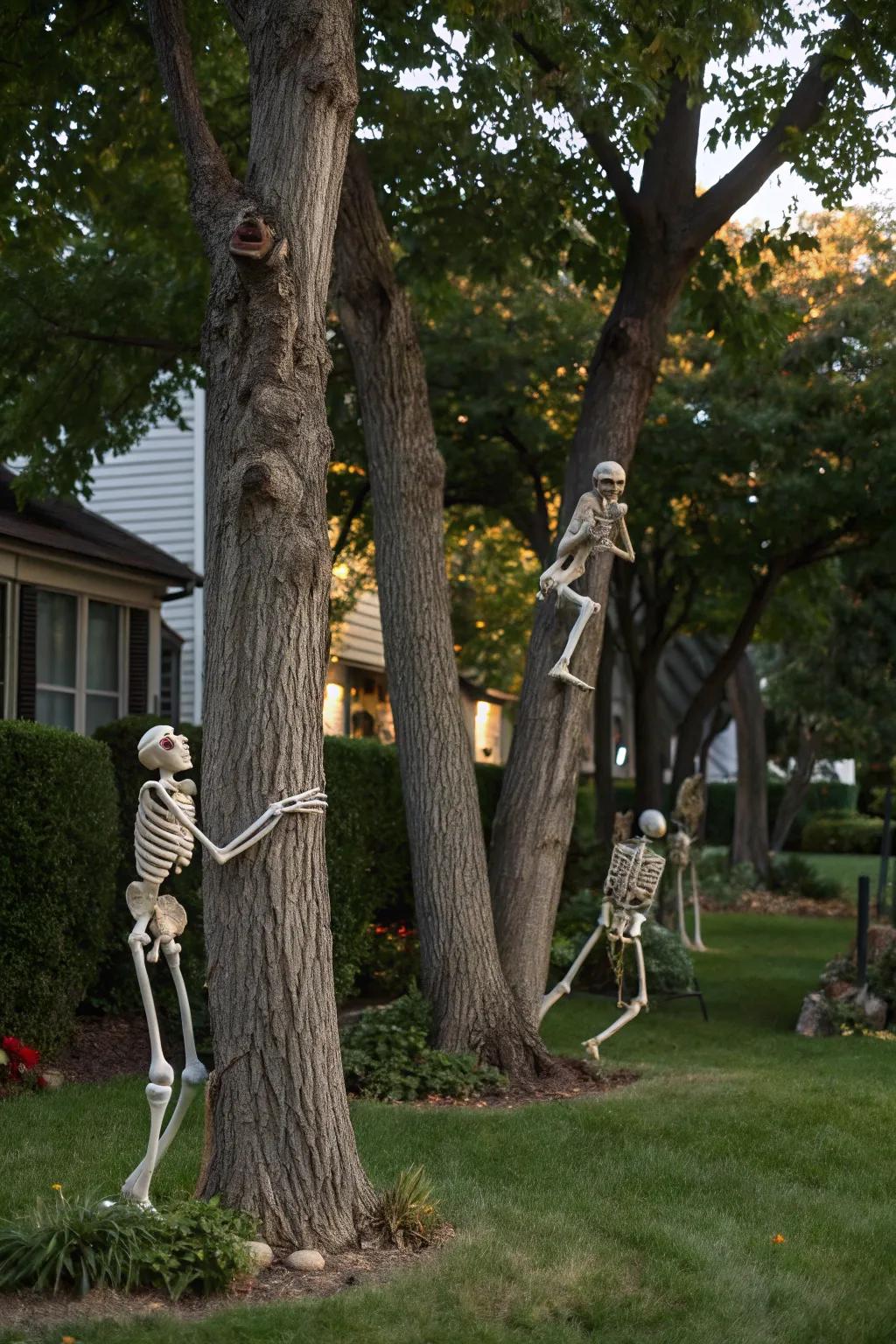 Skeletons making an adventurous climb up the trees.